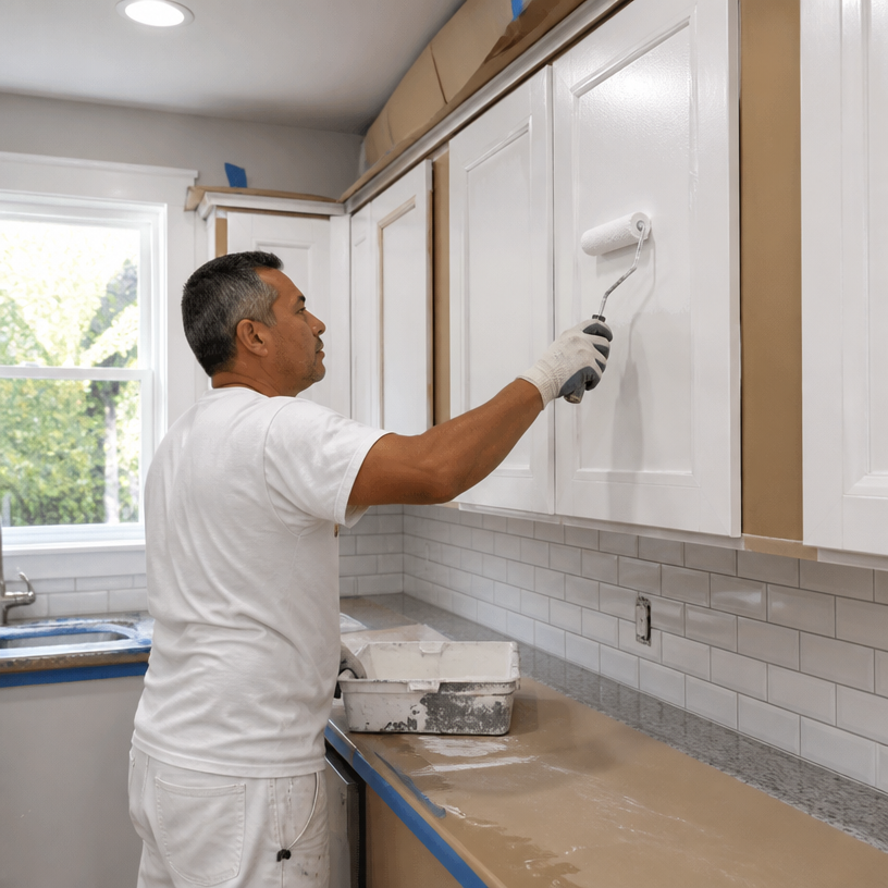 Justiniano Painting & Renovation team performing hardwood floor refinishing in Providence, Rhode Island