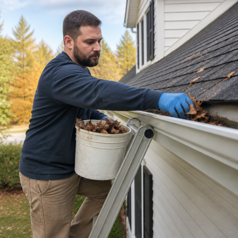 Justiniano Painting & Renovation team performing gutter cleaning in Providence, Rhode Island