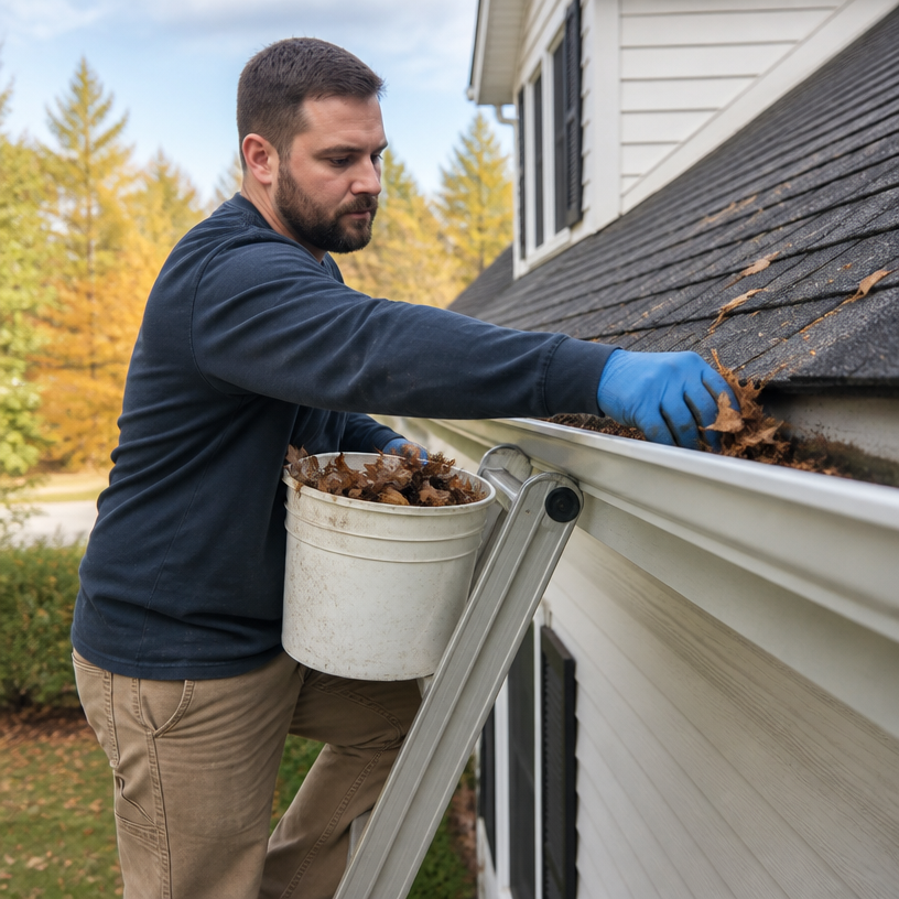 Justiniano Painting & Renovation team performing gutter cleaning in Providence, Rhode Island