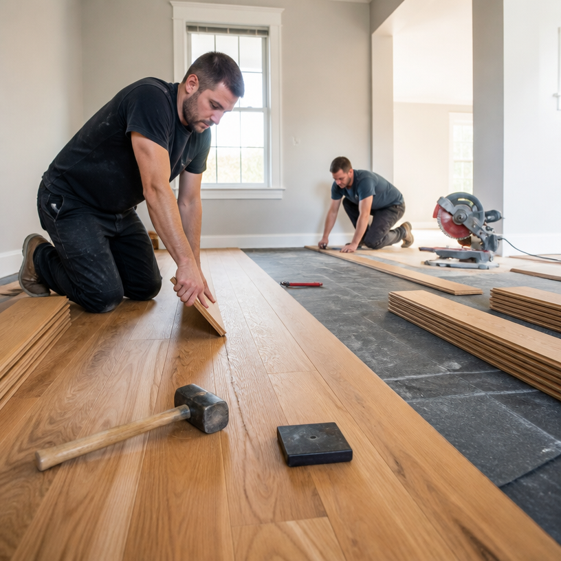 Justiniano Painting & Renovation team performing hardwood floor installation in Providence, Rhode Island