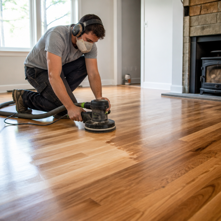 Justiniano Painting & Renovation team performing hardwood floor refinishing in Providence, Rhode Island