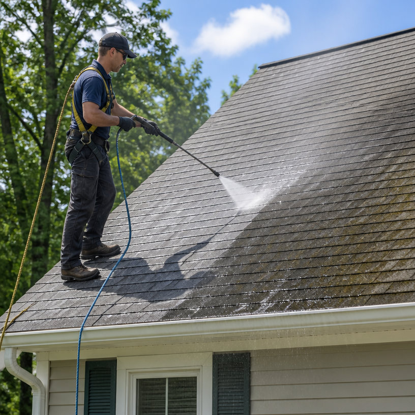 Justiniano Painting & Renovation team performing roof cleaning in Providence, Rhode Island