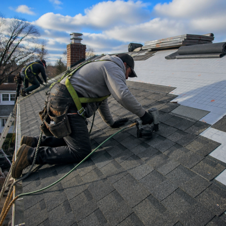 Justiniano Painting & Renovation team performing roofing in Providence, Rhode Island