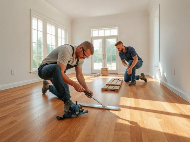Justiniano Painting & Renovation team performing hardwood floor installation in Providence, Rhode Island