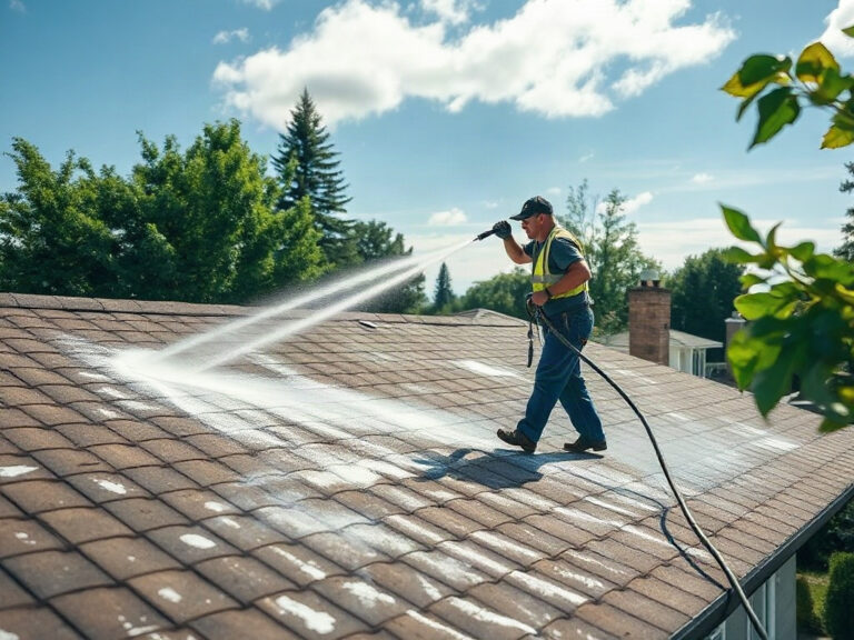 Justiniano Painting & Renovation team performing roof cleaning in Providence, Rhode Island