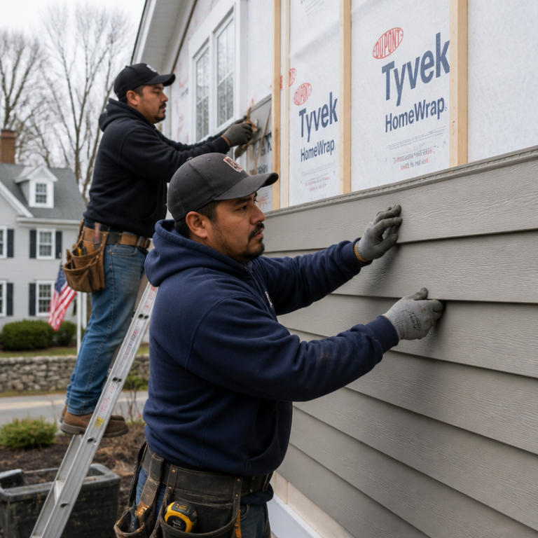 Justiniano Painting & Renovation team performing siding installation in Providence, Rhode Island