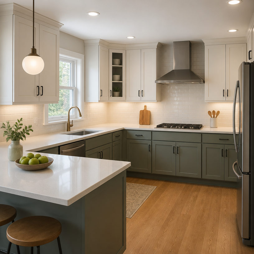 Freshly painted kitchen cabinets in a renovated Providence home