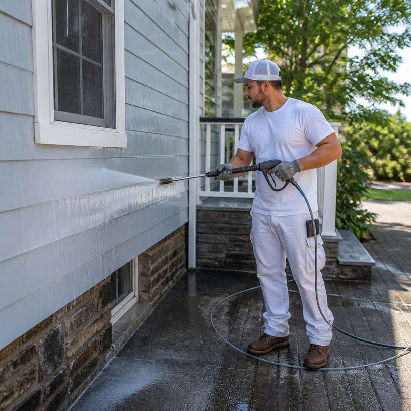 Justiniano Painting & Renovation team performing roof cleaning in Providence, Rhode Island