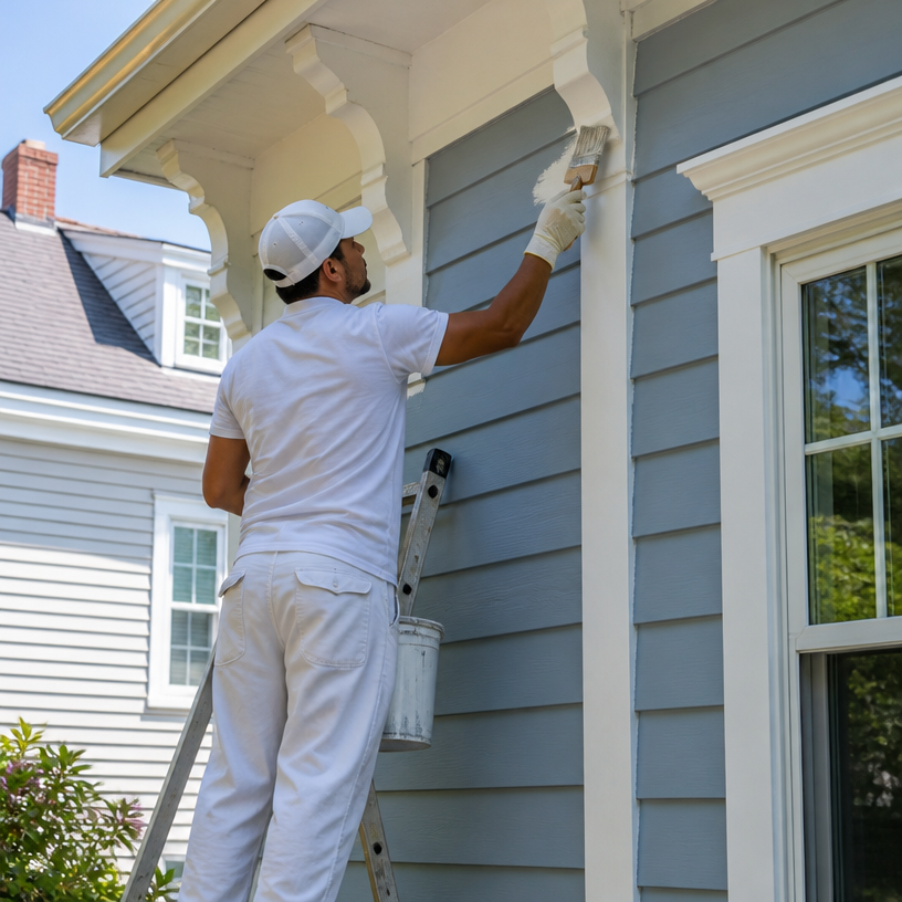 Justiniano Painting & Renovation team performing gutter installation in Providence, Rhode Island