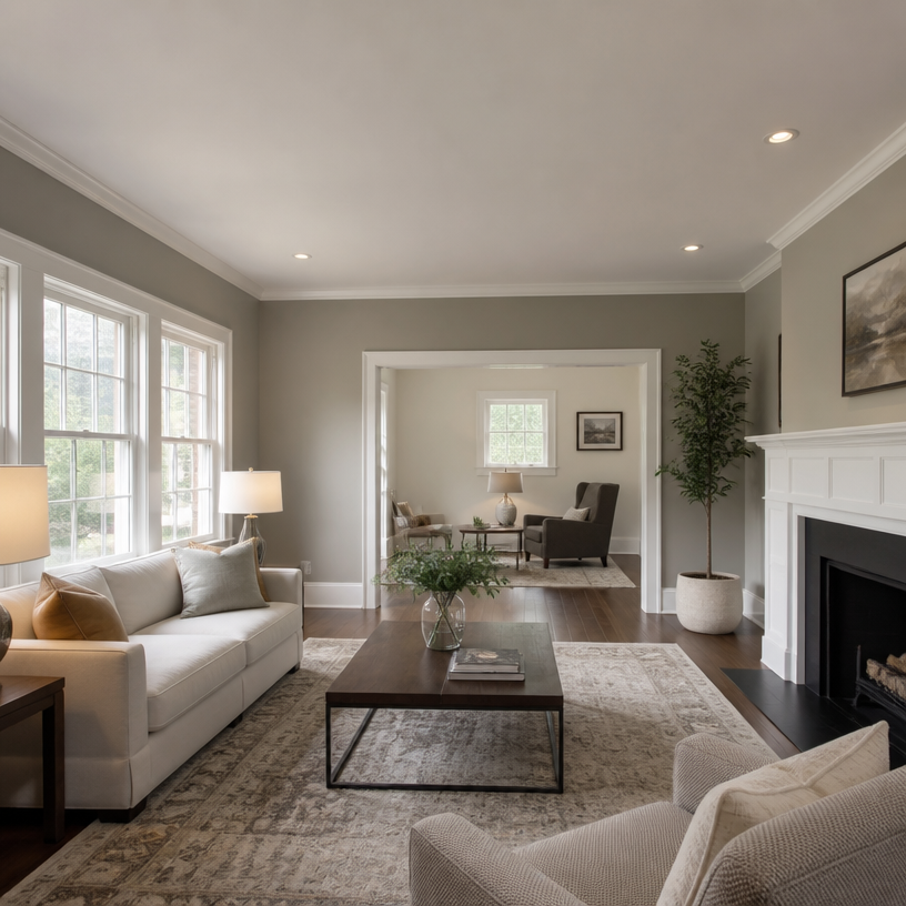 Freshly painted living room with soft neutral walls and crisp white trim in a Providence home